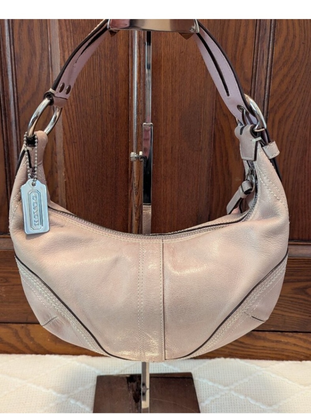 Coach Light Pink Leather Baguette Hobo Sling Bag